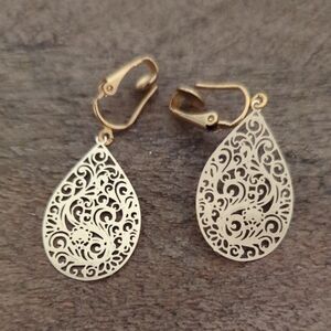 Clipon Gold Tone Filigree Teardrop Earrings